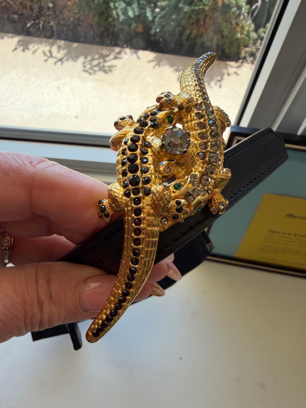 Roberto Cavalli Black Elastic Belt with Gold Jeweled Crocodile Buckle